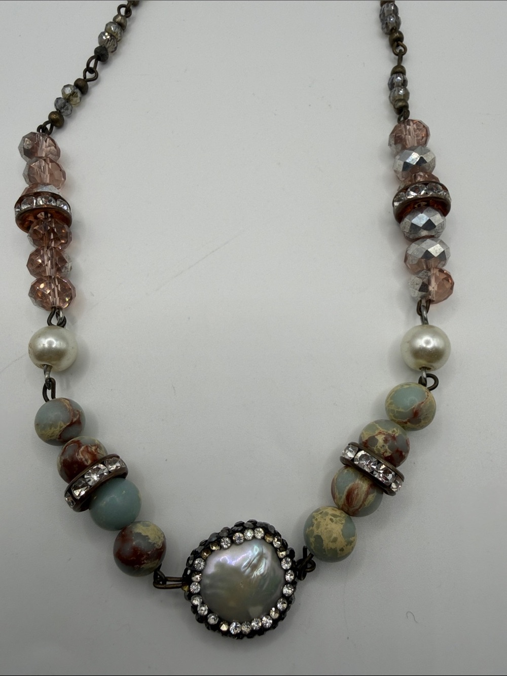 Baroque Pearl Rhinestone Mixed Stone Beaded Statement Necklace